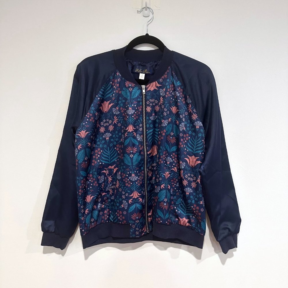 NWOT, Blue Rain, Navy Floral Light Bomber Zip-Up Jacket, Size Large